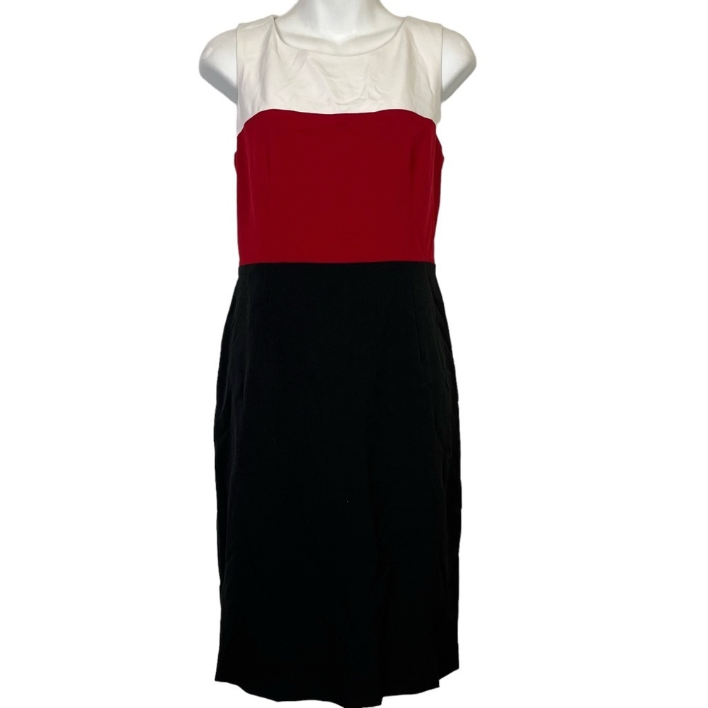 KASPER Red White Black Color Block Sheath Sleeveless Knee Length Career Dress 4